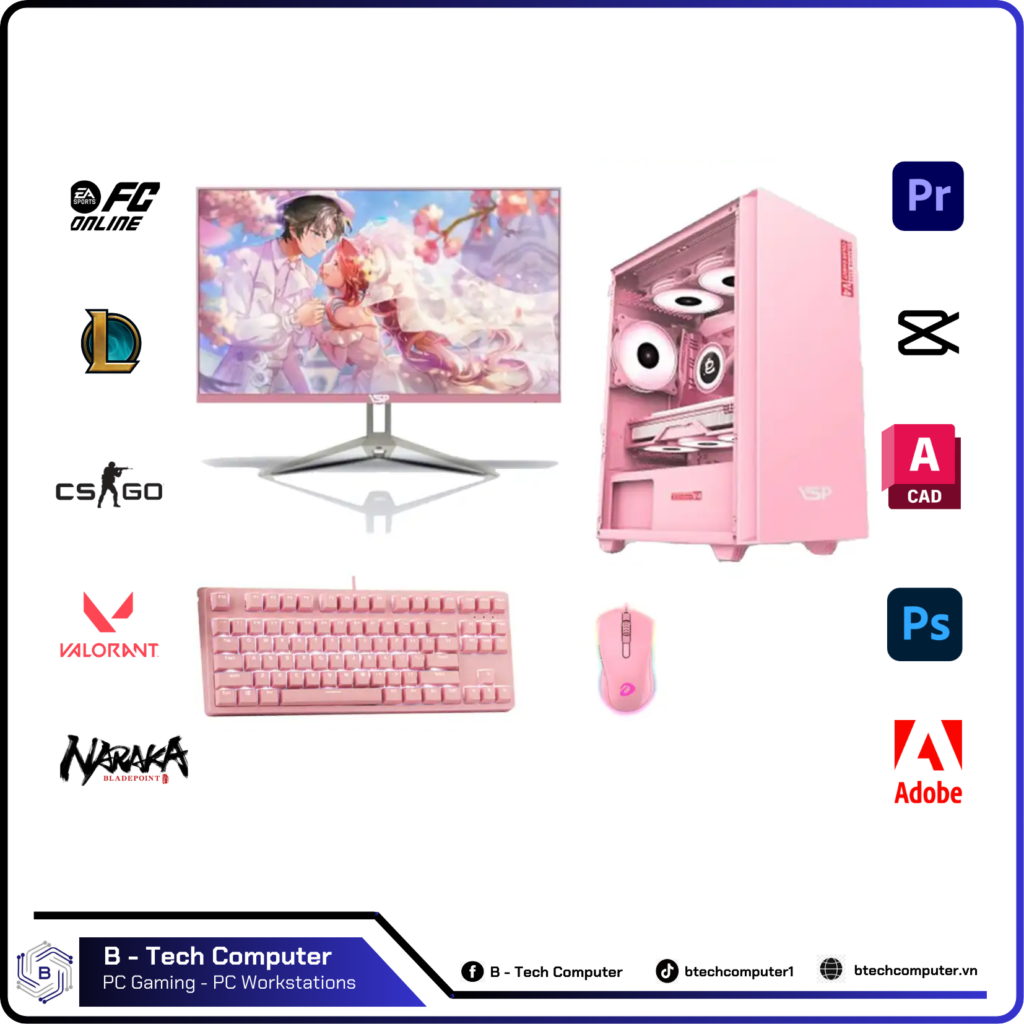 PC Gaming hồng #113 (i3 12100F | Ram 8Gb | VGA GTX 1660 6Gb | SSD 240Gb | Main H610M | Nguồn 500W | Vỏ VSP Pink | Màn VSP 27inch Pink)